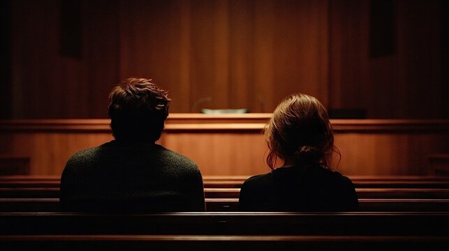 Man and woman anonymously sitting in dark courtroom audience