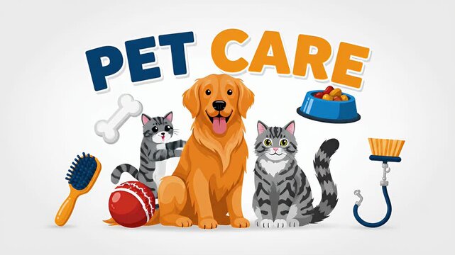 Pixel Art Golden Retriever And Tabby Cat With Pet Care Icons