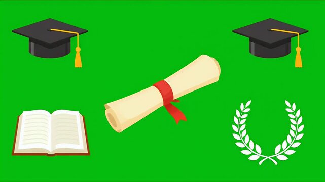 Pixel Art Graduation Cap Diploma Book Laurel Wreath Green Screen Footage