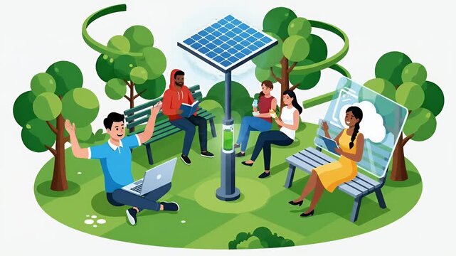 People Using Solar Powered Smart Bench Technology in Park