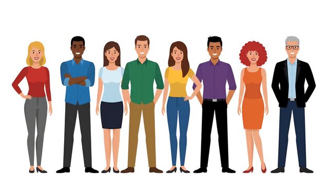 Pixel Art Group Diverse People Standing Together Casual Outfits White Background