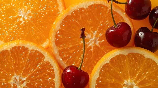 A vibrant arrangement of sliced oranges and cherries on a colorful background