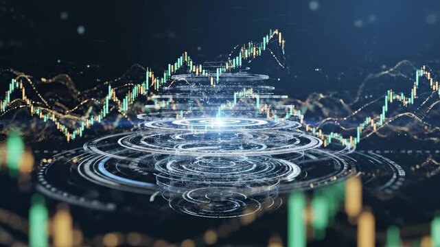 Futuristic digital financial data streams with glowing concentric circles and abstract stock market charts in the background