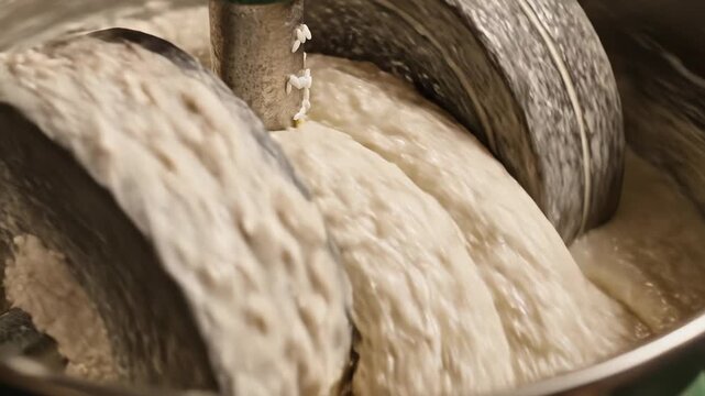 Traditional Stone Grinder Processing Rice and Lentils into Batter with Water Creating Creamy Texture Close up in Natural Daylight