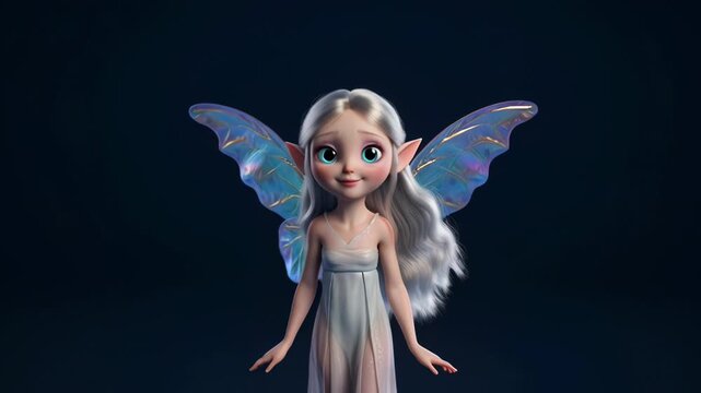 Whimsical blue fairy doll with delicate wings posed in a dark studio backdrop.