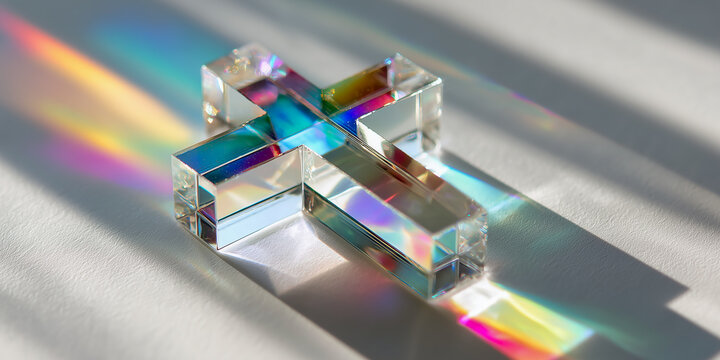 minimalist glass cross with rainbow light refraction and prism effect for spiritual purity and divinity concept