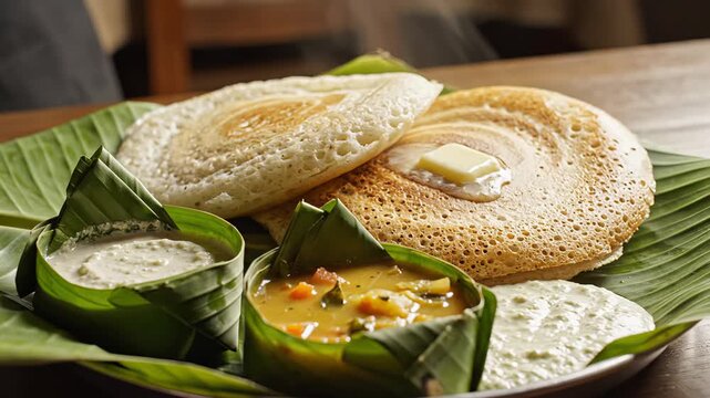 Close-up of Delicious Dosa Served with Sambar and Chutney on a Banana Leaf with a Hand Reaching for the Food
