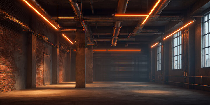 empty dark industrial loft with exposed metallic pipes and orange led accents for cyberpunk sci fi interior design concept