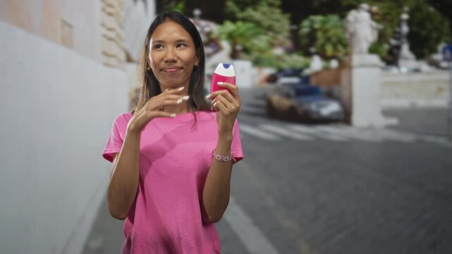 Young thai woman holding a pink toothpaste dispenser, making a finger heart gesture in a street setting; cheerful charm.