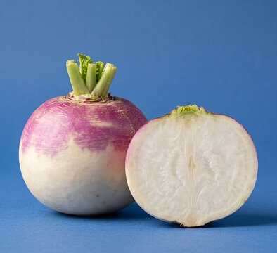 Purple Top White Globe Turnip Whole and Sliced Half on Blue Background
