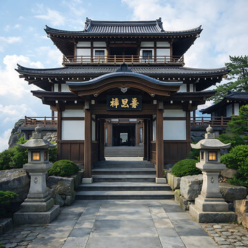 La imagen muestra la entrada principal de un majestuoso templo o casa tradicional japonesa. La estructura est&aacute; construida con madera oscura y paredes claras, con un techo curvo caracter&iacute;stico de la ar