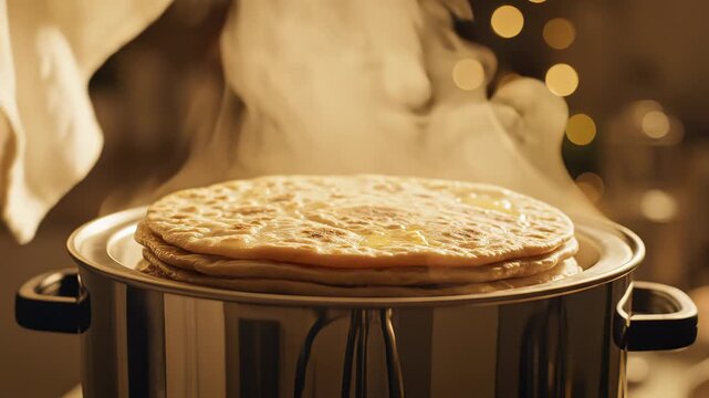 CloseUp Of A Hand Gently Lifting A White Towel Revealing A Stack Of Golden Brown Parathas Steaming Hot In A Stainless Steel Pot With Soft Bokeh Lights In The Background