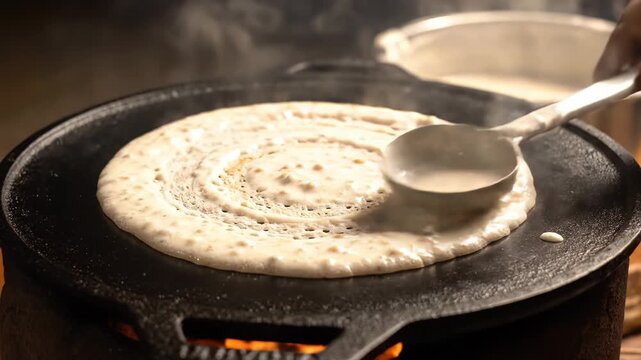 Cooking A Savory South Indian Dosa On A Cast Iron Griddle With Steaming Batter Being Poured From A Ladle With A Hand Holding The Spoon Over A Warm Fire In A Rustic Kitchen Setting