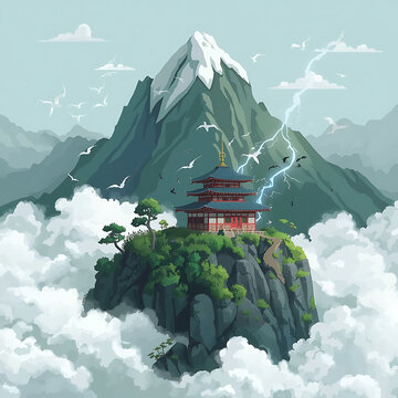 El cielo est&aacute; lleno de aves volando alrededor del templo mientras un rel&aacute;mpago cae cerca de la monta&ntilde;a, a&ntilde;adiendo dramatismo a la escena..