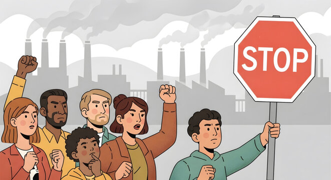 Protesters with stop sign against pollution.