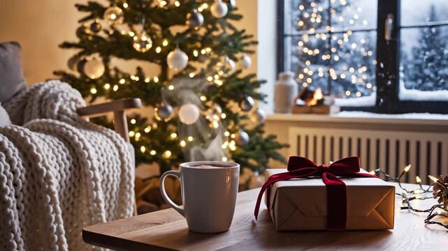Cozy Christmas scene with hot drink and gift by window