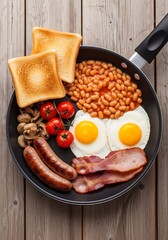 Fried breakfast with eggs sausages and beans in pan
