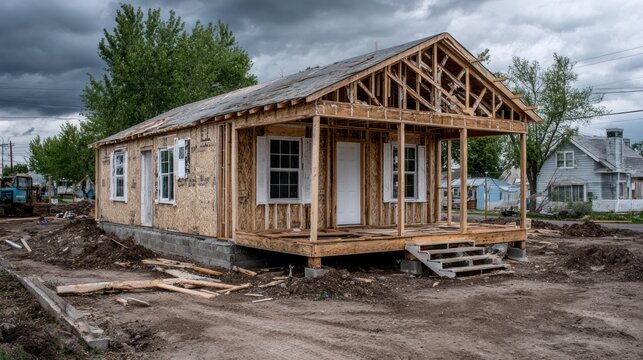 Construction of a residential house in an undeveloped neighborhood under a cloudy sky