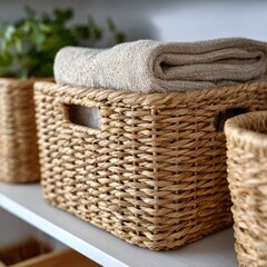Obraz premium Natural woven storage baskets with towels on shelf in bathroom