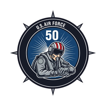 Us air force 50th anniversary emblem featuring pilot in flight suit with red and white helmet
