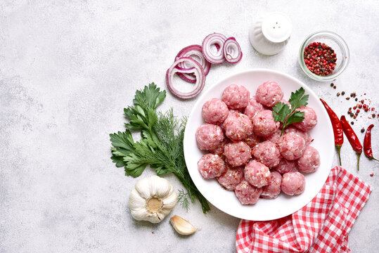 Homemade raw meatballs . Top view with copy space.