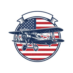 Vintage biplane flying over american flag emblem with banner © Fahim