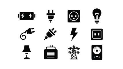 Fototapeta premium A set of 12 black and white vector icons depicting various electricity and power concepts, including a battery, plug, socket, light bulb, and more on a clean white background.