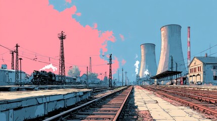 Obraz premium Industrial landscape with train station and cooling towers under a pink and blue sky