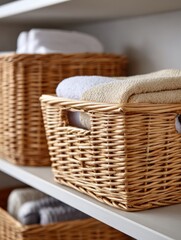 Obraz premium Organized wicker baskets with neatly folded towels on shelves