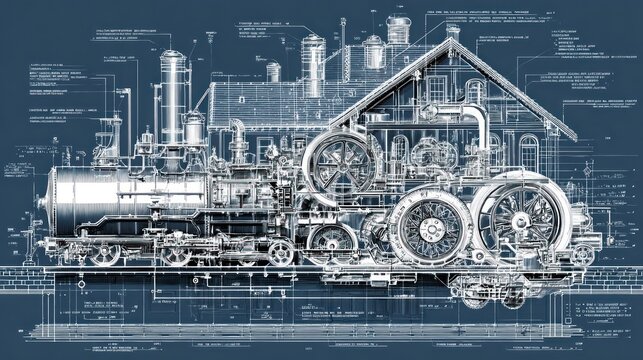 Intricate Blueprint Design of a Vintage Steam Locomotive and Industrial Building