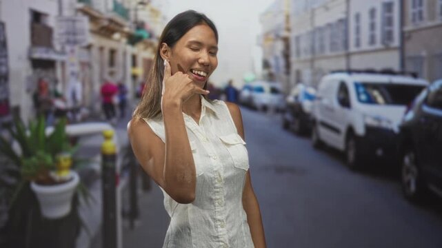 Thai woman shows call me gesture with thumb and pinky at ear, bare hand visible in a white sleeveless shirt on a street; playful charm.