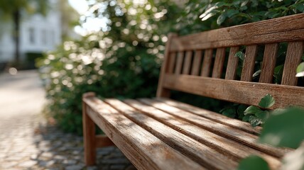 Fototapeta premium Wooden park bench in sunlight surrounded by greenery