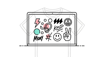 Hand drawn emoticons on laptop screen.