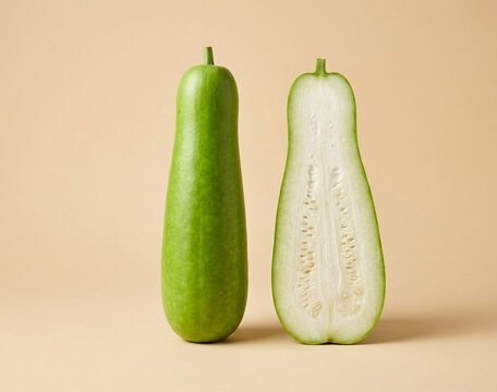 Fresh Green Bottle Gourd Whole and Longitudinal Half with Seeds on Beige Background