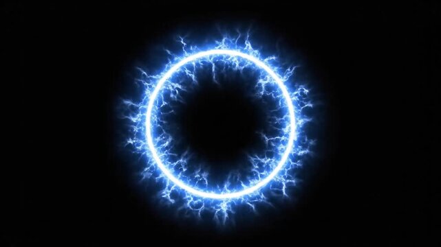 Blue electric energy ring surrounds white sphere on black background