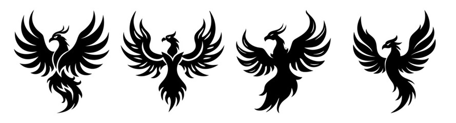 Obraz premium Set of four black phoenix birds flying in formation flat design vector illustration scalable graphic