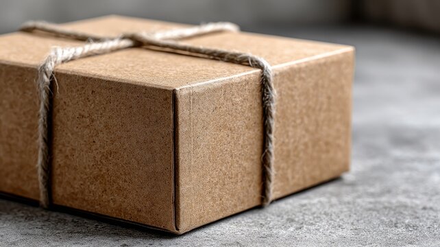 Recycled cardboard package tied with string on concrete surface