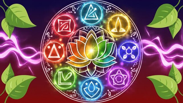 Colorful lotus flower with elemental symbols and glowing energy