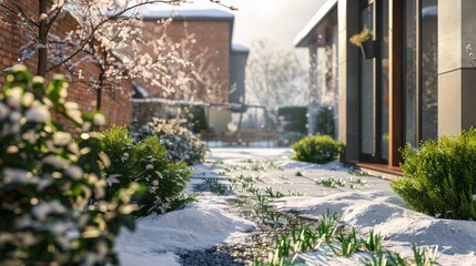 Obraz premium Snow melting in modern residential courtyard garden during early spring sunshine