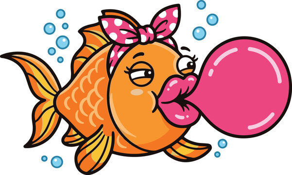Cute fish character with bow blowing bubblegum