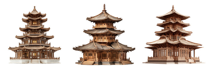 Obraz premium Set of A realistic architectural model of a red roof chinese pagoda building, detailed craftsmanship on transparent png background. Ai generated