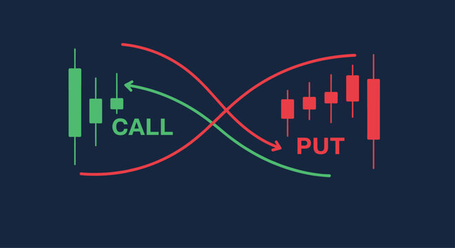 Financial trading concept for binary options with call and put actions on a candlestick stock market chart background.