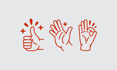 Fototapeta premium Three stylized reddish brown line art illustrations depicting different hand gestures on a light gray background