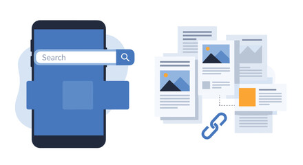 Mobile search engine indexing linked web pages and showing content results on a smartphone search results page.