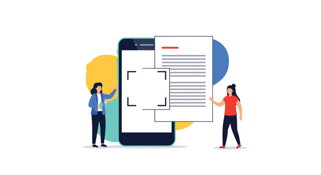 People using a mobile phone app with optical character recognition or OCR technology to scan and digitize a document.
