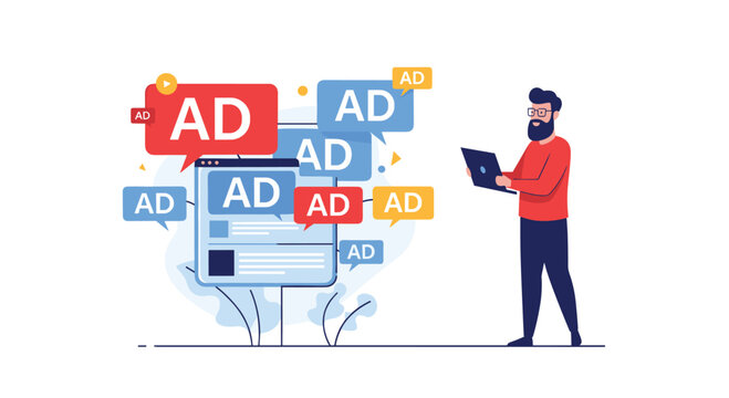A businessman overwhelmed by excessive pop-up ads and intrusive digital advertising while working on his laptop.