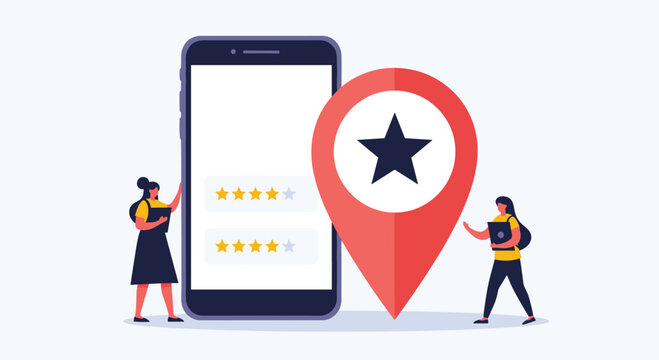 Local business reputation management concept with two women giving star ratings on a smartphone with a large location pin.