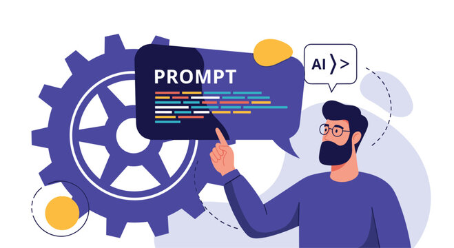 Male developer writing a prompt for an AI code generator to automate software development and programming tasks efficiently.