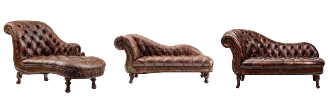 Set of Premium vintage leather divan with detailed button tufting and textured surface, centered composition, commercial furniture on transparent png background. Ai generated