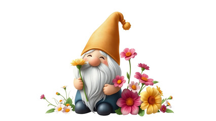 Cute garden gnome with flowers isolated on transparent background. Charming spring garden illustration for seasonal decorations and whimsical designs.